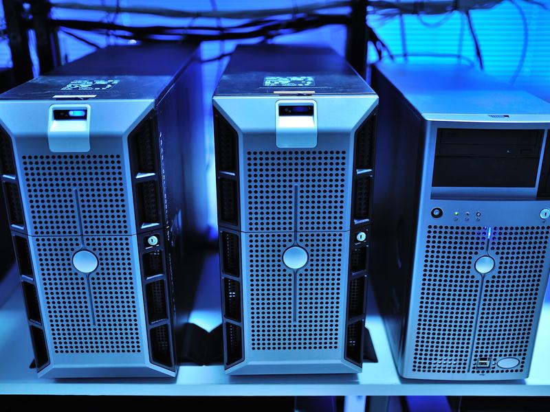 Server racks and networking equipment in a data room