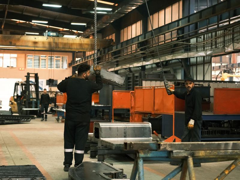 Stainless steel equipment being moved inside a working service bay