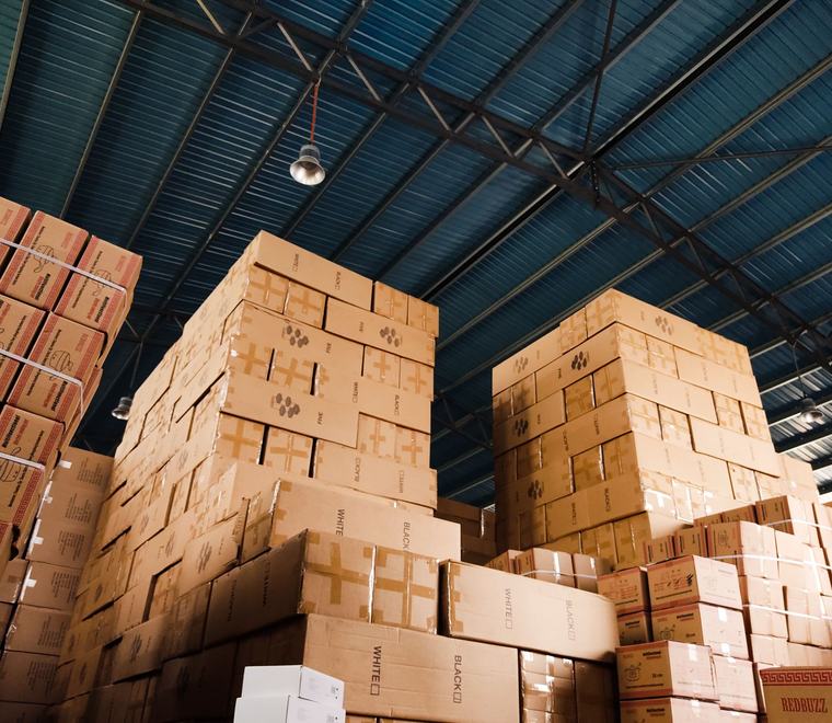 Palletised stock stacked in a warehouse