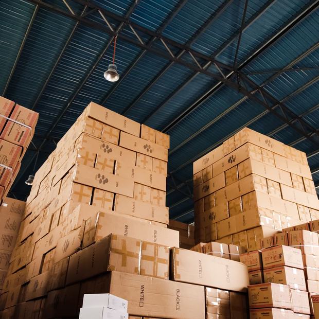 Warehouse interior with stored goods